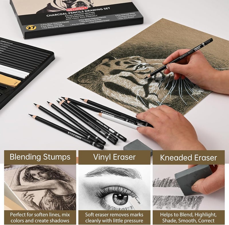 GETHPEN 27 Piece Charcoal Drawing Set - Professional Black & White Charcoal Pencils for Sketching, Shading & Blending, Graphite Sticks with Artist Art Supplies Kit (Beginners & Professionals) - Image 5